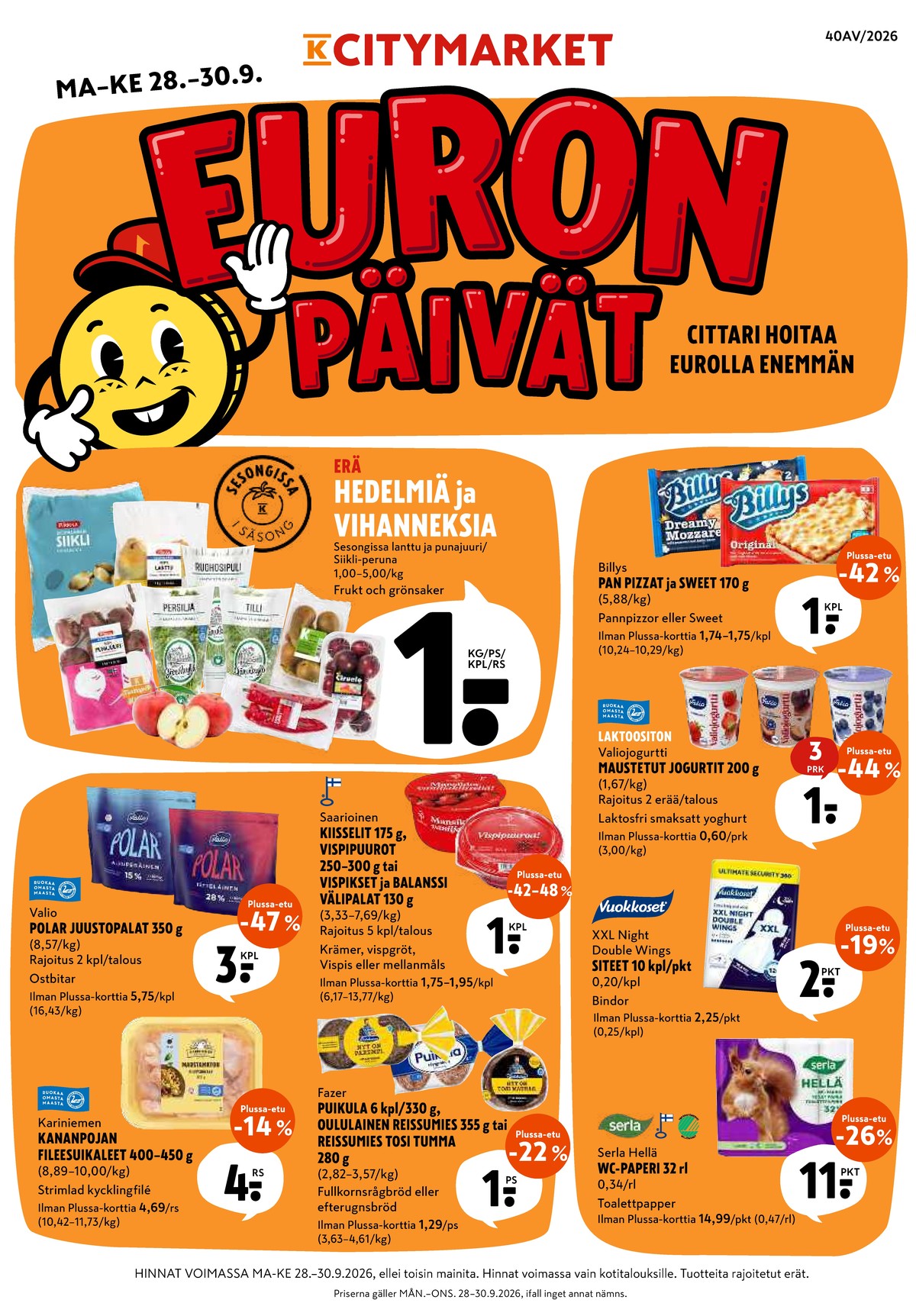 Katso ketjun K-Citymarket tarjouslehti viikolta 40 sivustolla Viikkotarjoukset.fi. Löydät monia hyviä tarjouksia erilaisista tuotteista. Lue tarjouslehti täältä! Sivu 1