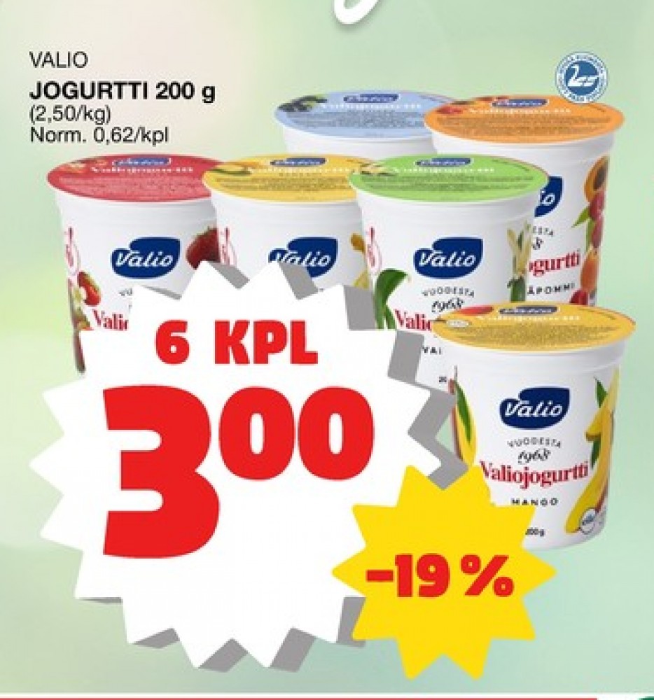 Tarjoukset ja hintavertailu haulla Valio, , Hedelmäjogurtti 0.200 kg 6 Purkki(a) €3.00