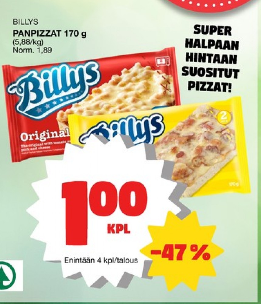 Tarjoukset ja hintavertailu haulla Billys Pizza, , Dreamy Mozzarella pizza 0.170 kg 1 paketti(a) €1.00