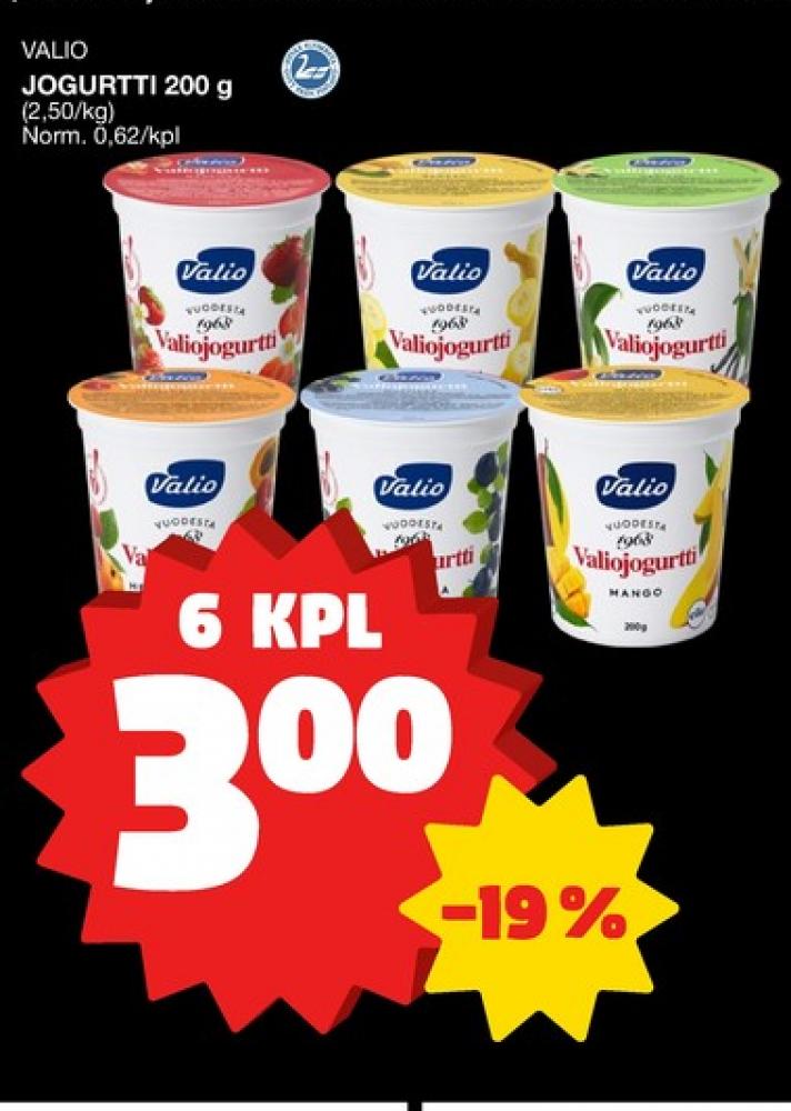 Tarjoukset ja hintavertailu haulla Valio, , Hedelmäjogurtti 0.200 kg 6 Purkki(a) €3.00
