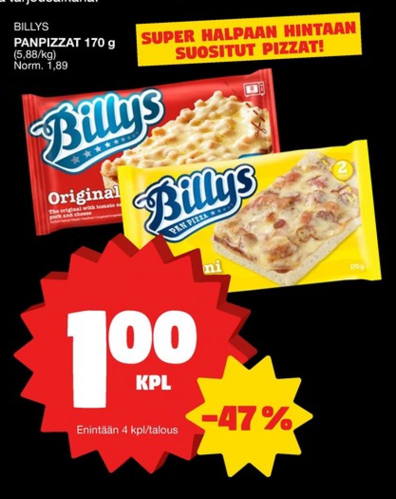Tarjoukset ja hintavertailu haulla Billys Pizza, , Dreamy Mozzarella pizza 0.170 kg 1 paketti(a) €1.00