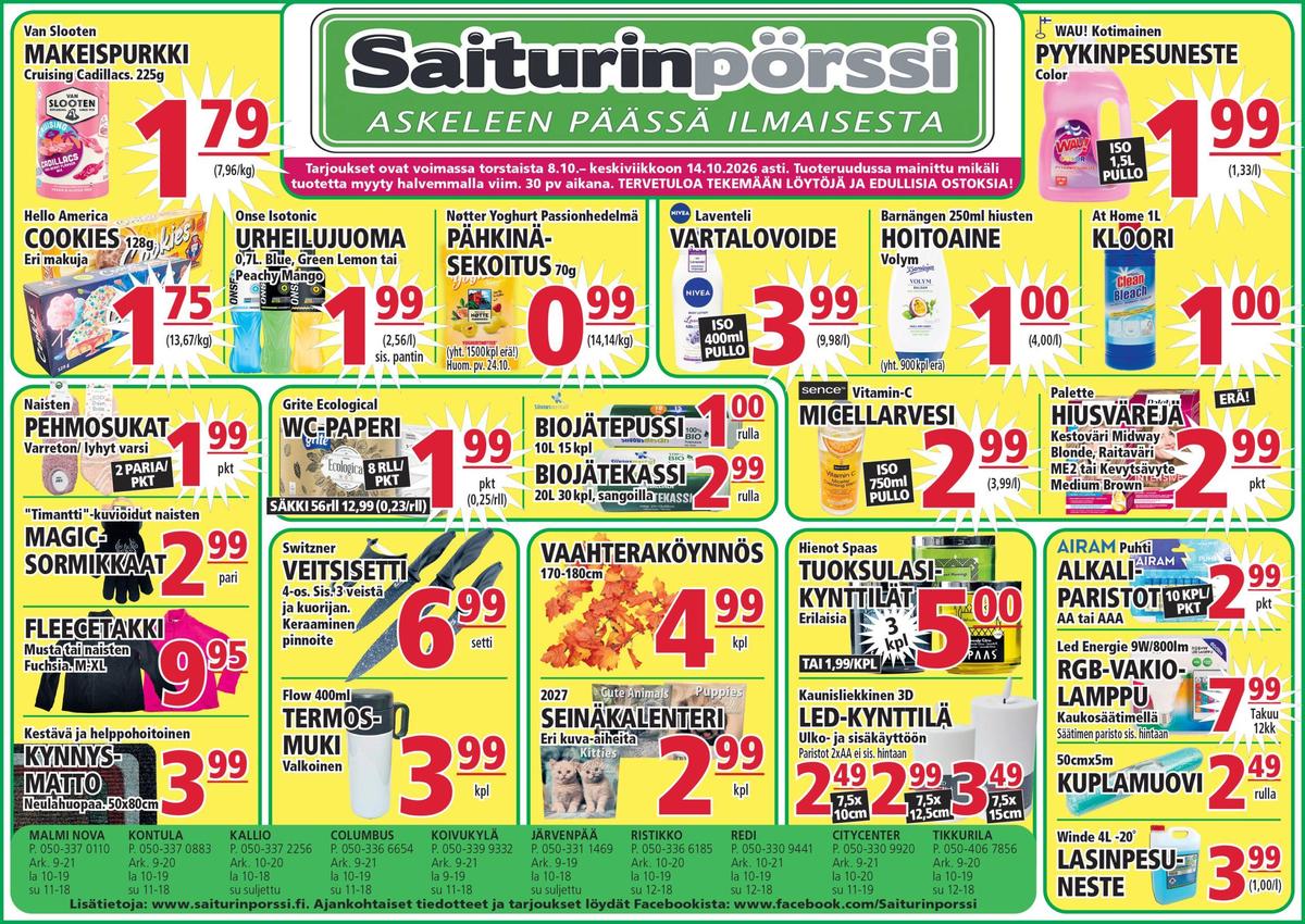 Katso ketjun Saiturin Pörssi tarjouslehti viikolta 41 sivustolla Viikkotarjoukset.fi. Löydät monia hyviä tarjouksia erilaisista tuotteista. Lue tarjouslehti täältä! Sivu 1
