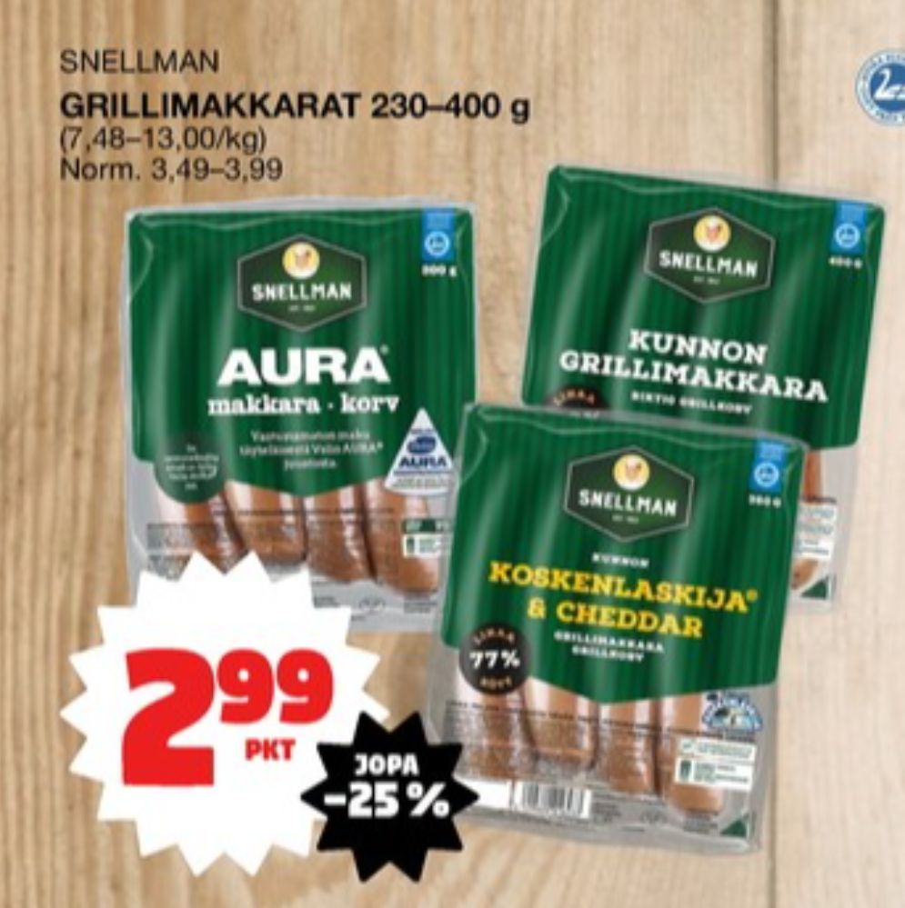 Tarjoukset ja hintavertailu haulla Snellman, , Aura grillimakkara 0.230 kg 1 paketti(a) €2.99