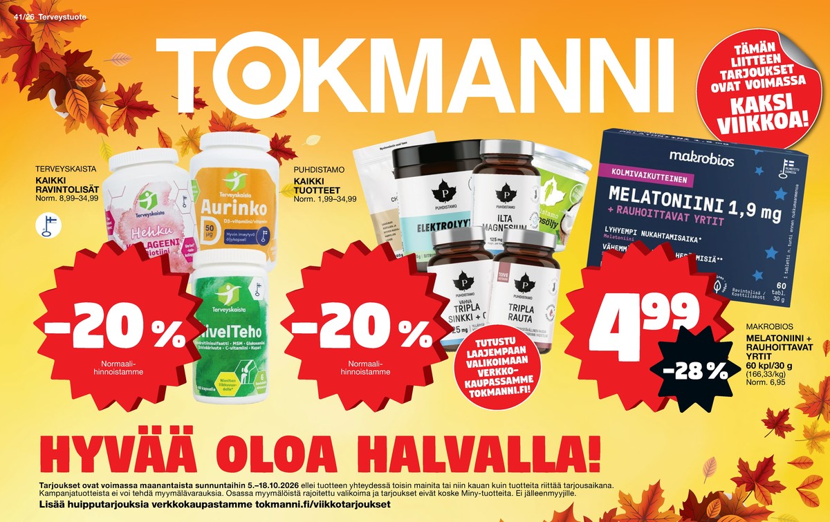 Katso ketjun Tokmanni tarjouslehti viikolta 42 sivustolla Viikkotarjoukset.fi. Löydät monia hyviä tarjouksia erilaisista tuotteista. Lue tarjouslehti täältä! Sivu 1