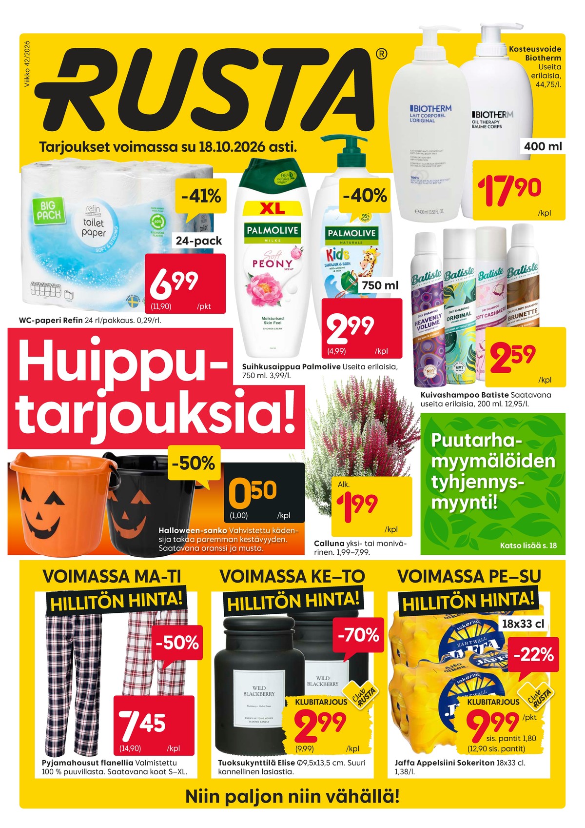 Katso ketjun Rusta tarjouslehti viikolta 42 sivustolla Viikkotarjoukset.fi. Löydät monia hyviä tarjouksia erilaisista tuotteista, esimerkiksi wc-paperit refin tai suihkusaippuat palmolive. Lue tarjouslehti täältä! Sivu 1
