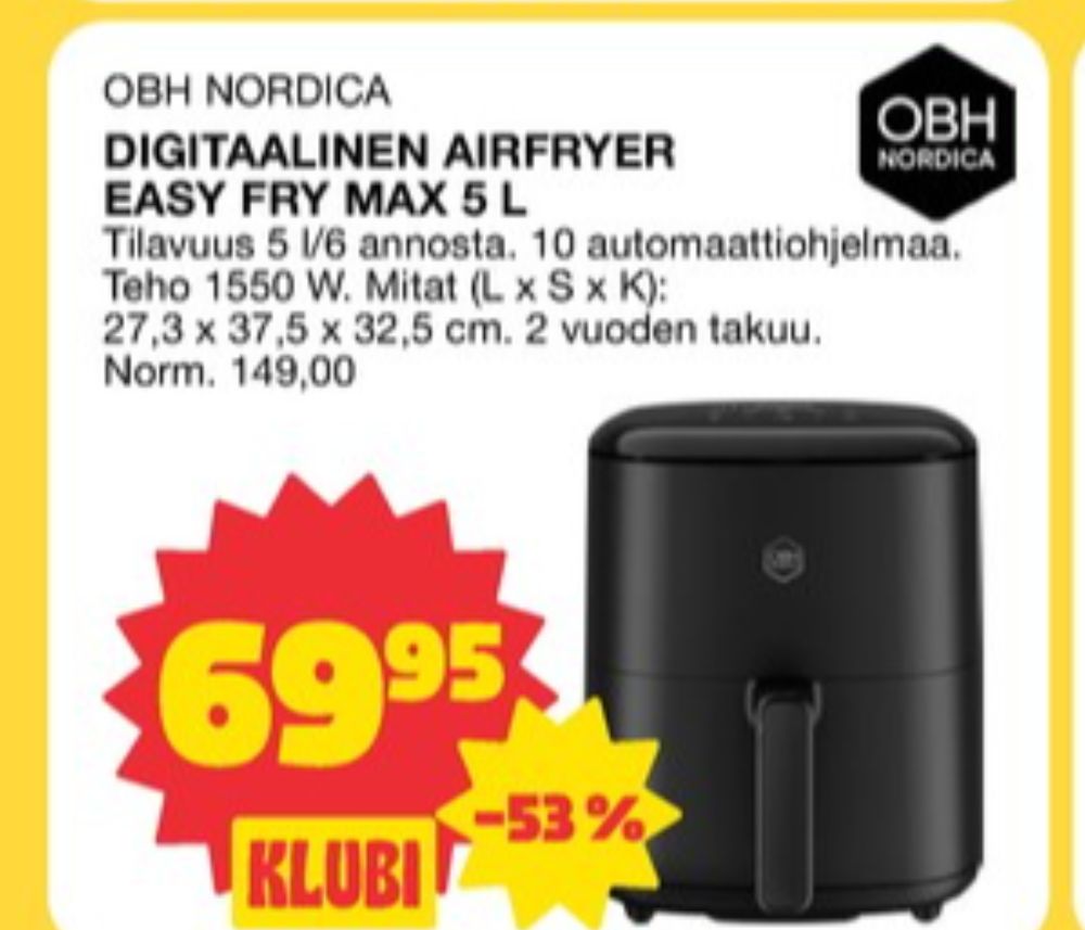 Tarjoukset ja hintavertailu haulla OBH Nordica, , Airfryer 0.000 kpl 1 kappale €69.95