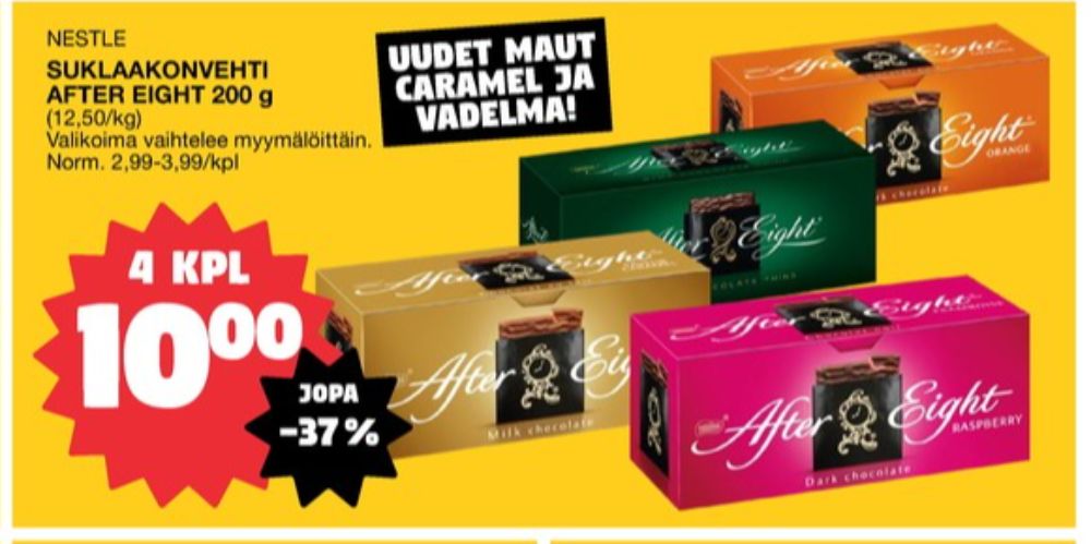 Tarjoukset ja hintavertailu haulla After Eight, , Appelsiinisuklaa 0.200 kg 4 Rasia €10.00