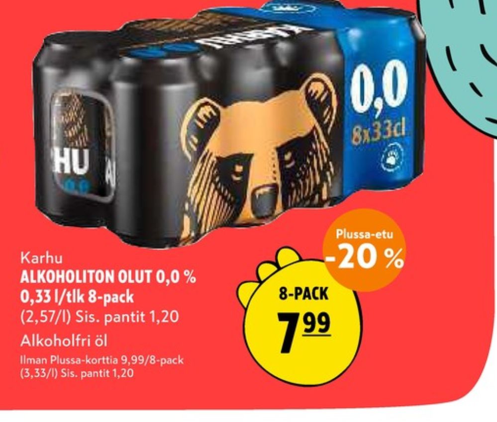 Tarjoukset ja hintavertailu haulla Karhu, , Alkoholiton olut 8 pk 0.330 l 8 Tölkki(ä) €7.99