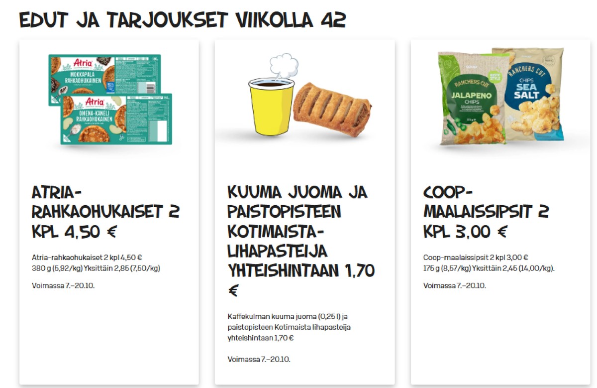 Katso ketjun Alepa tarjouslehti viikolta 42 sivustolla Viikkotarjoukset.fi. Löydät monia hyviä tarjouksia erilaisista tuotteista. Lue tarjouslehti täältä! Sivu 1