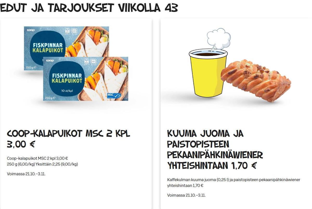 Katso ketjun Alepa tarjouslehti viikolta 43 sivustolla Viikkotarjoukset.fi. Löydät monia hyviä tarjouksia erilaisista tuotteista, esimerkiksi kalapuikot coop tai viinerit ei määritelty. Lue tarjouslehti täältä! Sivu 1
