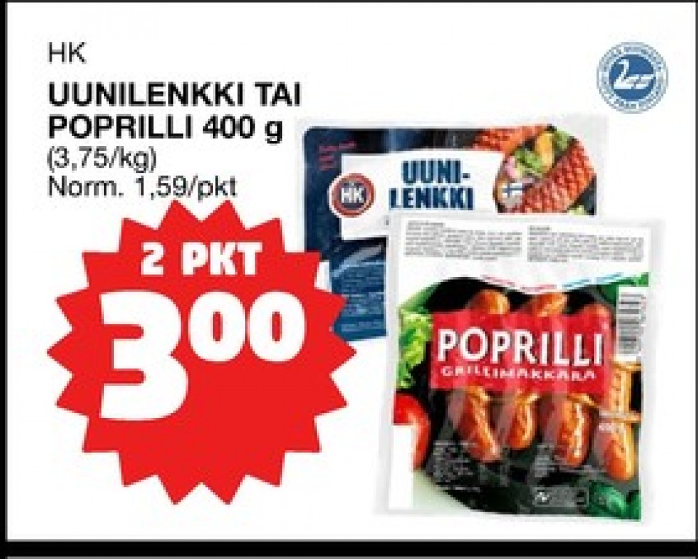 Tarjoukset ja hintavertailu haulla Poprilli, , Grillimakkarat 0.400 kg 2 paketti(a) €3.00