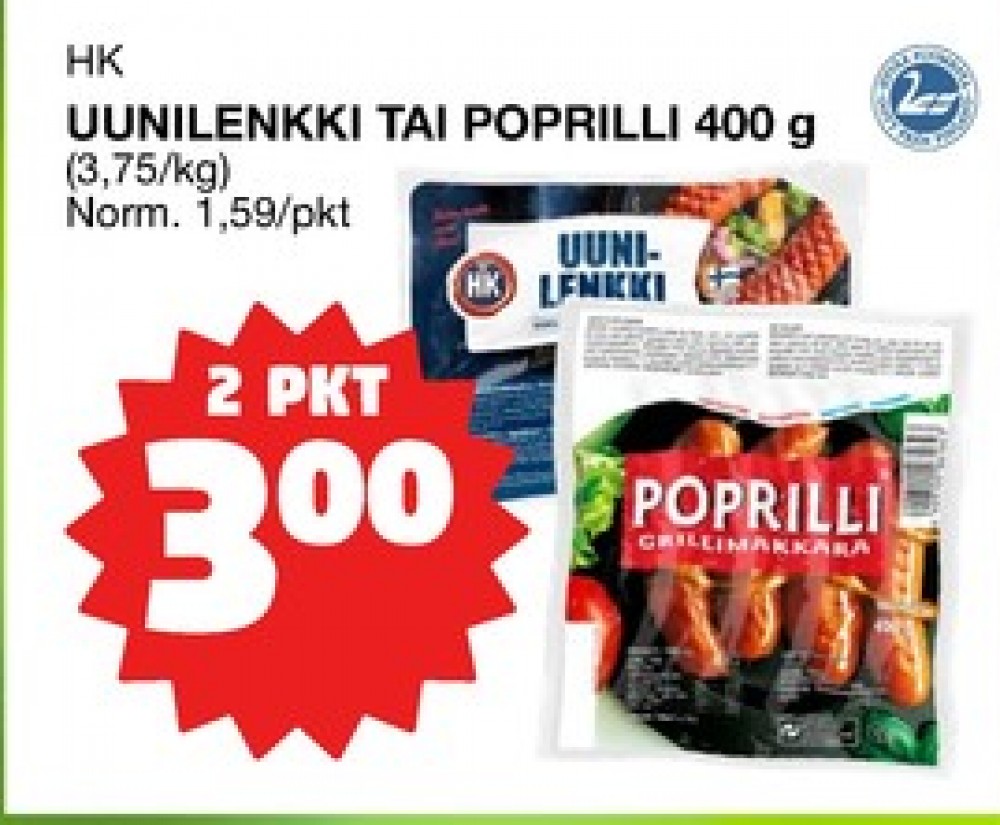 Tarjoukset ja hintavertailu haulla Poprilli, , Grillimakkarat 0.400 kg 2 paketti(a) €3.00