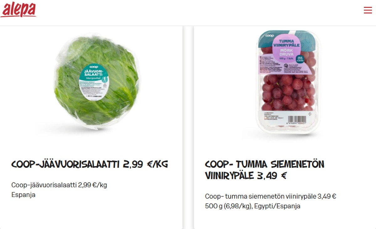 Katso ketjun Alepa tarjouslehti viikolta 5 sivustolla Viikkotarjoukset.fi. Löydät monia hyviä tarjouksia erilaisista tuotteista, esimerkiksi jäävuorisalaatit coop tai rypäleet coop. Lue tarjouslehti täältä! Sivu 2