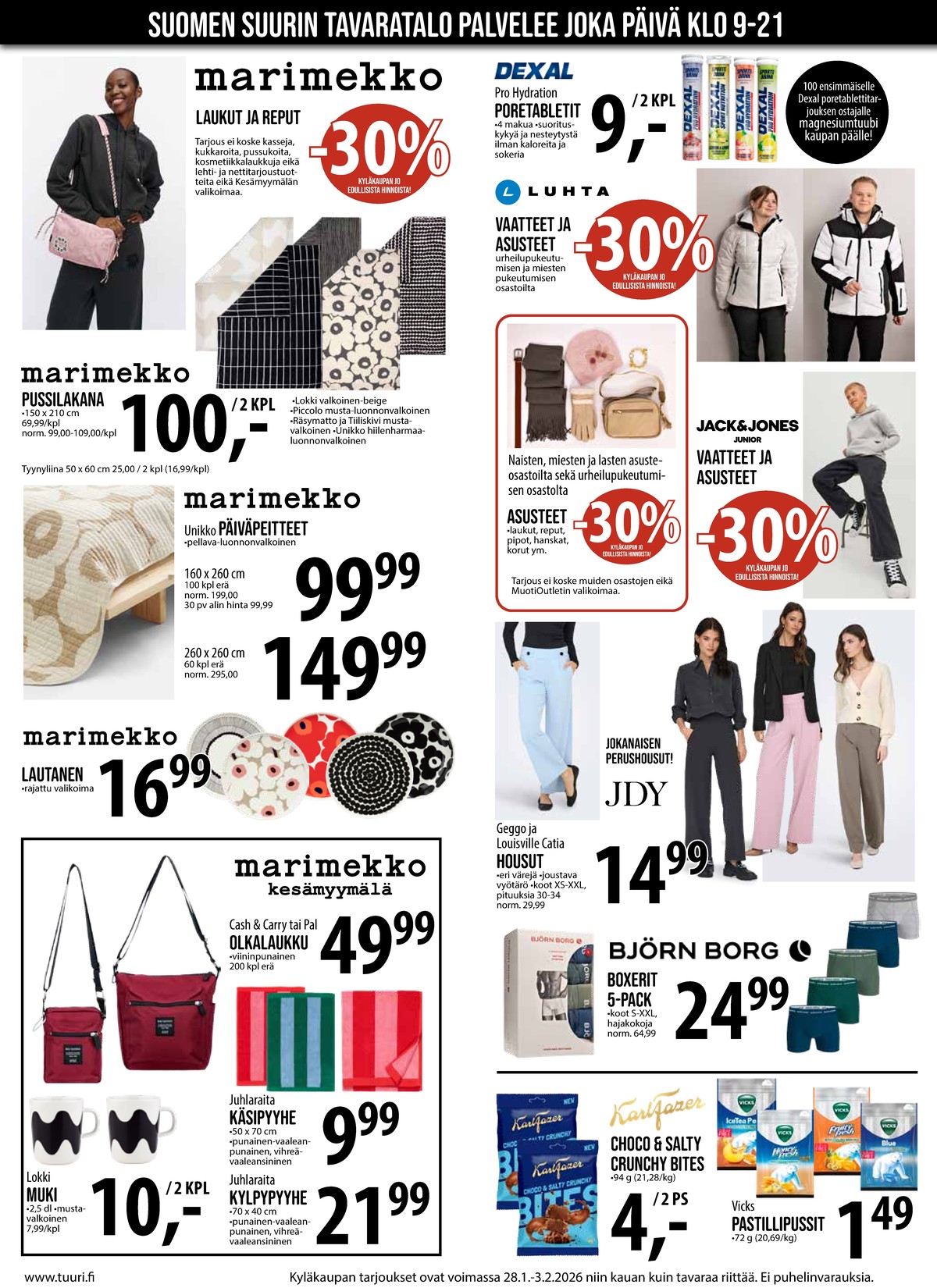 Katso ketjun Keskinen tarjouslehti viikolta 5 sivustolla Viikkotarjoukset.fi. Löydät monia hyviä tarjouksia erilaisista tuotteista, esimerkiksi kurkkupastillit vicks tai reput marimekko. Lue tarjouslehti täältä! Sivu 3