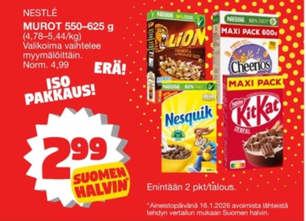 Tarjoukset ja hintavertailu haulla KitKat, , Aamiaistuotteet 0.550 kg 1 paketti(a) €2.99