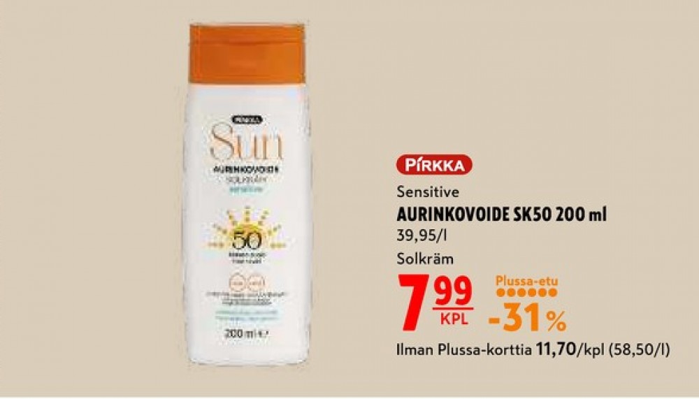 Tarjoukset ja hintavertailu haulla Pirkka, , Aurinkovoiteet 0.200 l 1 Pullo €7.99