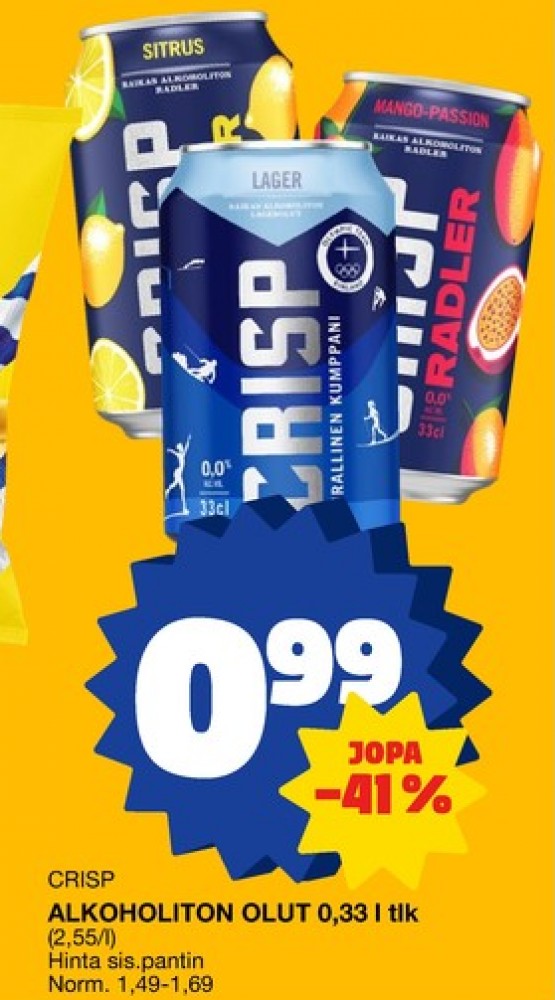 Tarjoukset ja hintavertailu haulla Crisp, , Alkoholittomat oluet 0.330 l 1 Tölkki(ä) €0.99