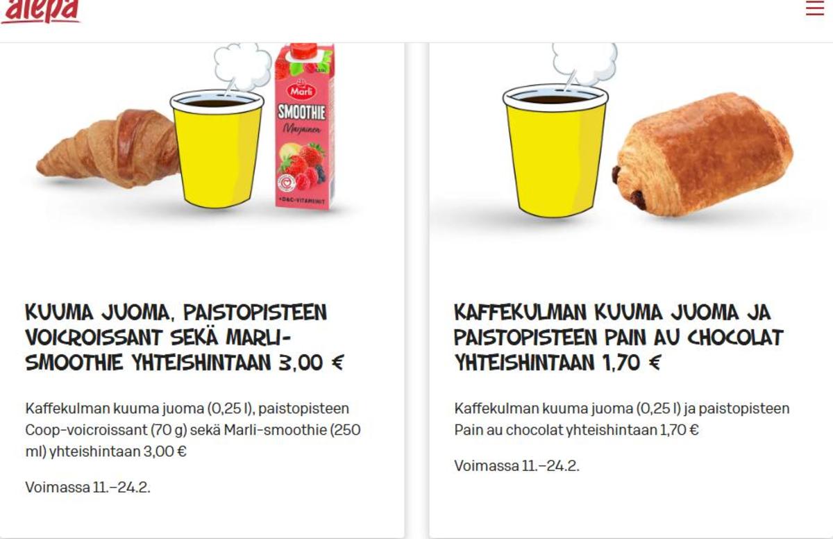 Katso ketjun Alepa tarjouslehti viikolta 7 sivustolla Viikkotarjoukset.fi. Löydät monia hyviä tarjouksia erilaisista tuotteista, esimerkiksi smoothies marli tai croissant ei määritelty. Lue tarjouslehti täältä! Sivu 1