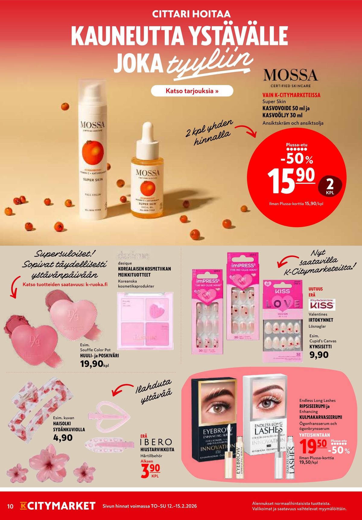 Katso ketjun K-Citymarket tarjouslehti viikolta 7 sivustolla Viikkotarjoukset.fi. Löydät monia hyviä tarjouksia erilaisista tuotteista, esimerkiksi kasvoöljyt mossa tai kasvovoiteet mossa. Lue tarjouslehti täältä! Sivu 10
