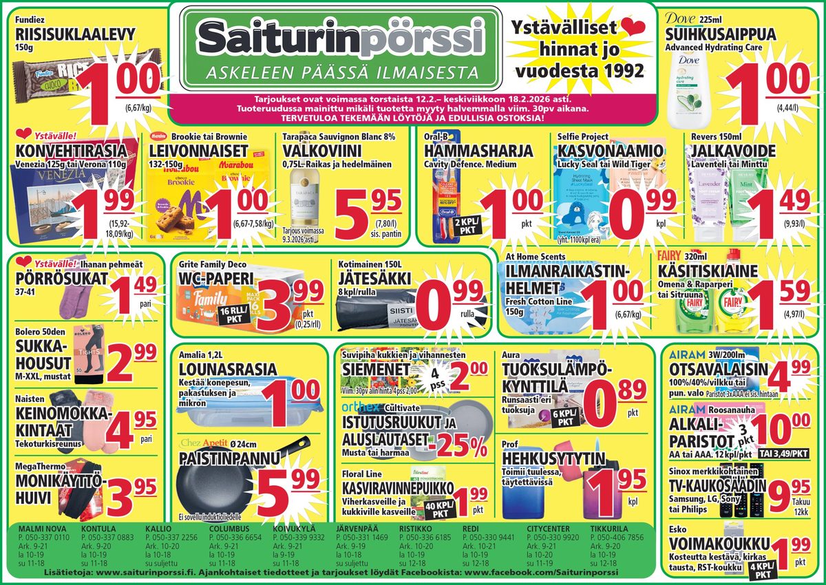 Katso ketjun Saiturin Pörssi tarjouslehti viikolta 7 sivustolla Viikkotarjoukset.fi. Löydät monia hyviä tarjouksia erilaisista tuotteista, esimerkiksi riisisuklaat fundiez tai suklaakonvehdit venezia. Lue tarjouslehti täältä! Sivu 1