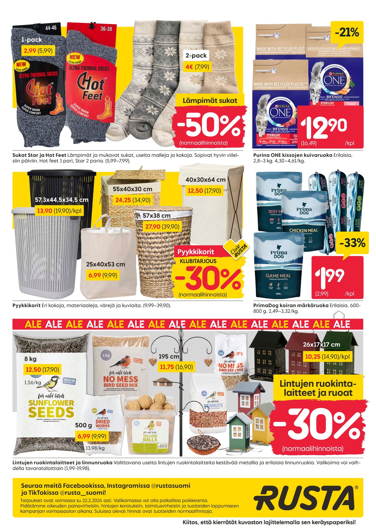 Katso ketjun Rusta tarjouslehti viikolta 8 sivustolla Viikkotarjoukset.fi. Löydät monia hyviä tarjouksia erilaisista tuotteista, esimerkiksi koiran ruoka primadog tai auringonkukansiemenet ei määritelty. Lue tarjouslehti täältä! Sivu 16