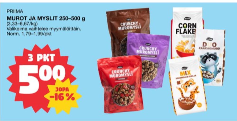 Tarjoukset ja hintavertailu haulla Priima, , Aamiaistuotteet 0.250 kg 3 paketti(a) €5.00