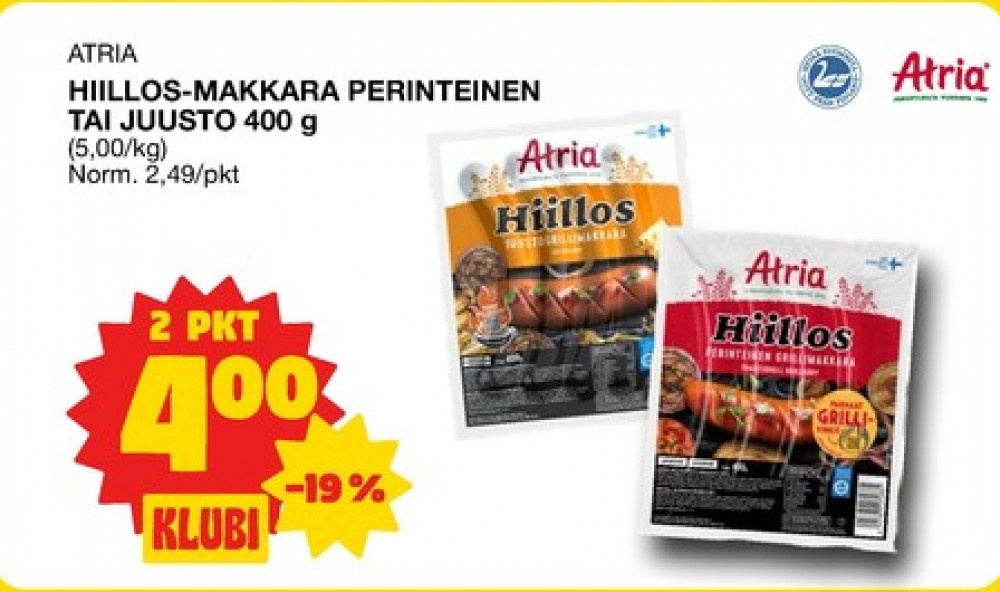 Tarjoukset ja hintavertailu haulla Hiillos, , Grillimakkarat 0.400 kg 2 paketti(a) €4.00