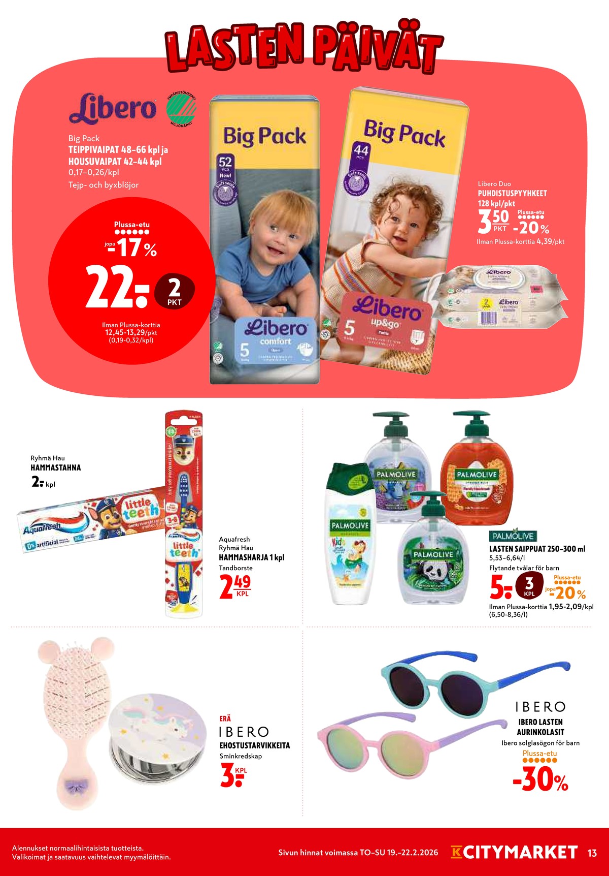 Katso ketjun K-Citymarket tarjouslehti viikolta 8 sivustolla Viikkotarjoukset.fi. Löydät monia hyviä tarjouksia erilaisista tuotteista, esimerkiksi meikkaustarvikkeet ibero tai nestesaippuat palmolive. Lue tarjouslehti täältä! Sivu 13