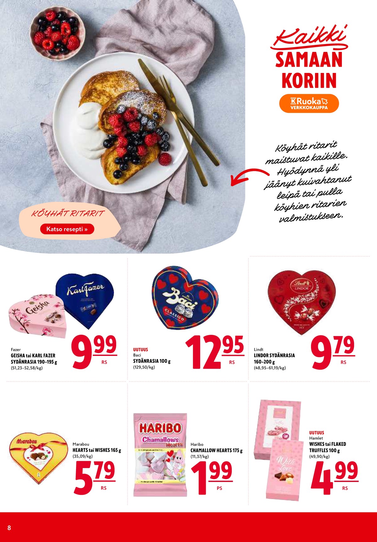 Katso ketjun K-Citymarket tarjouslehti viikolta 8 sivustolla Viikkotarjoukset.fi. Löydät monia hyviä tarjouksia erilaisista tuotteista, esimerkiksi suklaakonvehdit hearts tai suklaakonvehdit lindor. Lue tarjouslehti täältä! Sivu 8