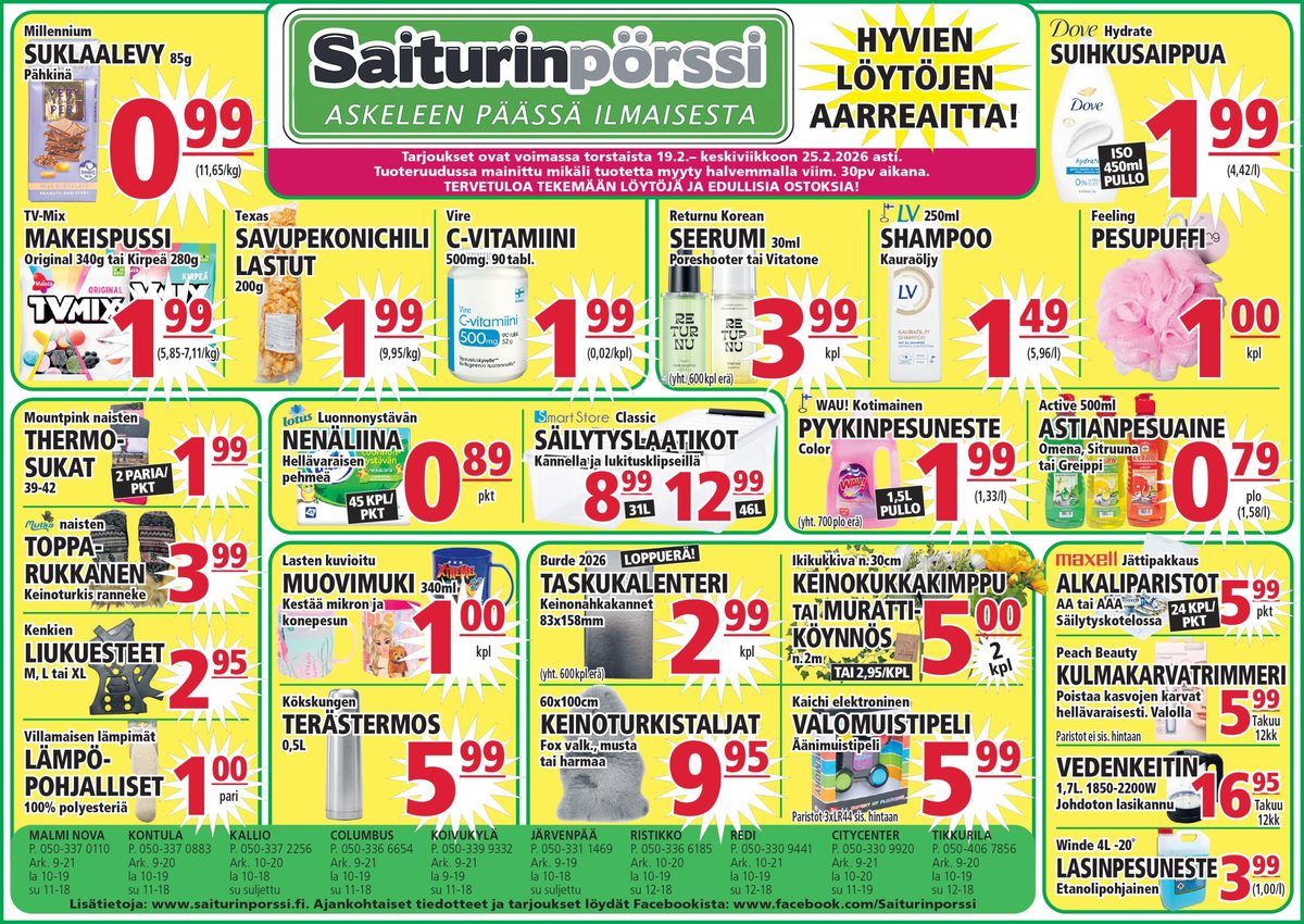 Katso ketjun Saiturin Pörssi tarjouslehti viikolta 8 sivustolla Viikkotarjoukset.fi. Löydät monia hyviä tarjouksia erilaisista tuotteista. Lue tarjouslehti täältä! Sivu 1