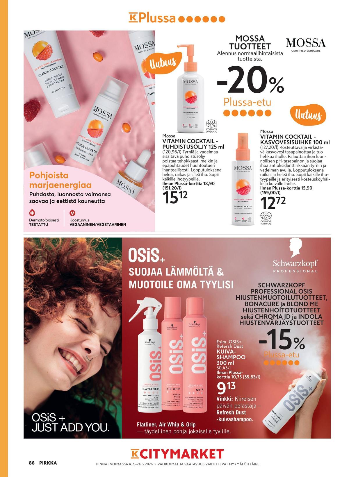 Katso ketjun K-Citymarket tarjouslehti viikolta 9 sivustolla Viikkotarjoukset.fi. Löydät monia hyviä tarjouksia erilaisista tuotteista, esimerkiksi kuivashampoot osis tai puhdistustuotteet mossa. Lue tarjouslehti täältä! Sivu 12