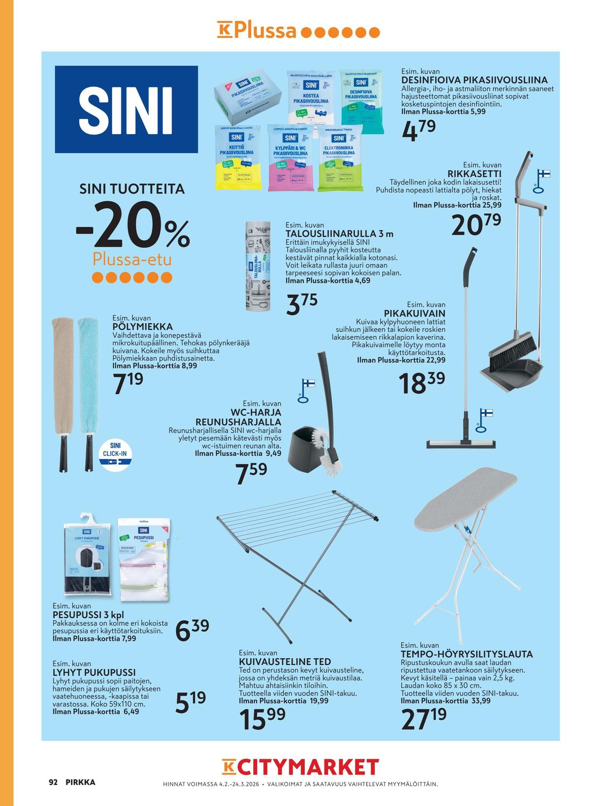 Katso ketjun K-Citymarket tarjouslehti viikolta 9 sivustolla Viikkotarjoukset.fi. Löydät monia hyviä tarjouksia erilaisista tuotteista, esimerkiksi pesupussit sini tai puhdistusliinat sini. Lue tarjouslehti täältä! Sivu 18