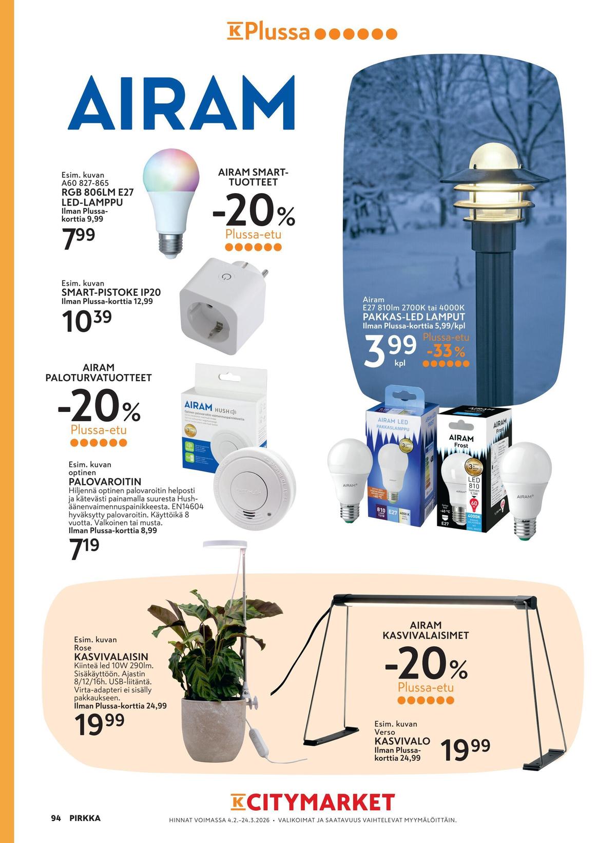 Katso ketjun K-Citymarket tarjouslehti viikolta 9 sivustolla Viikkotarjoukset.fi. Löydät monia hyviä tarjouksia erilaisista tuotteista, esimerkiksi kasvivalaisimet airam tai palovaroittimet airam. Lue tarjouslehti täältä! Sivu 20