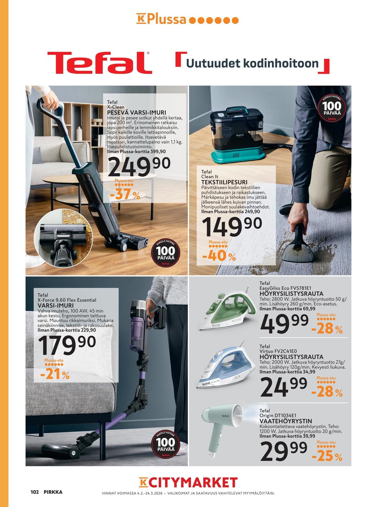 Katso ketjun K-Citymarket tarjouslehti viikolta 9 sivustolla Viikkotarjoukset.fi. Löydät monia hyviä tarjouksia erilaisista tuotteista, esimerkiksi höyrysilitysraudat tefal tai varsi-imurit tefal. Lue tarjouslehti täältä! Sivu 3