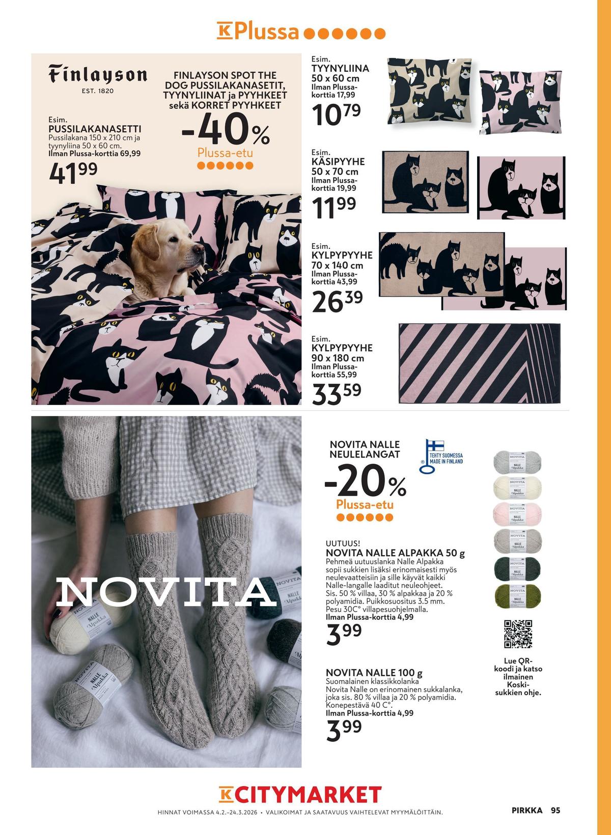 Katso ketjun K-Citymarket tarjouslehti viikolta 9 sivustolla Viikkotarjoukset.fi. Löydät monia hyviä tarjouksia erilaisista tuotteista, esimerkiksi langat novita tai pussilakanasetti finlayson. Lue tarjouslehti täältä! Sivu 21