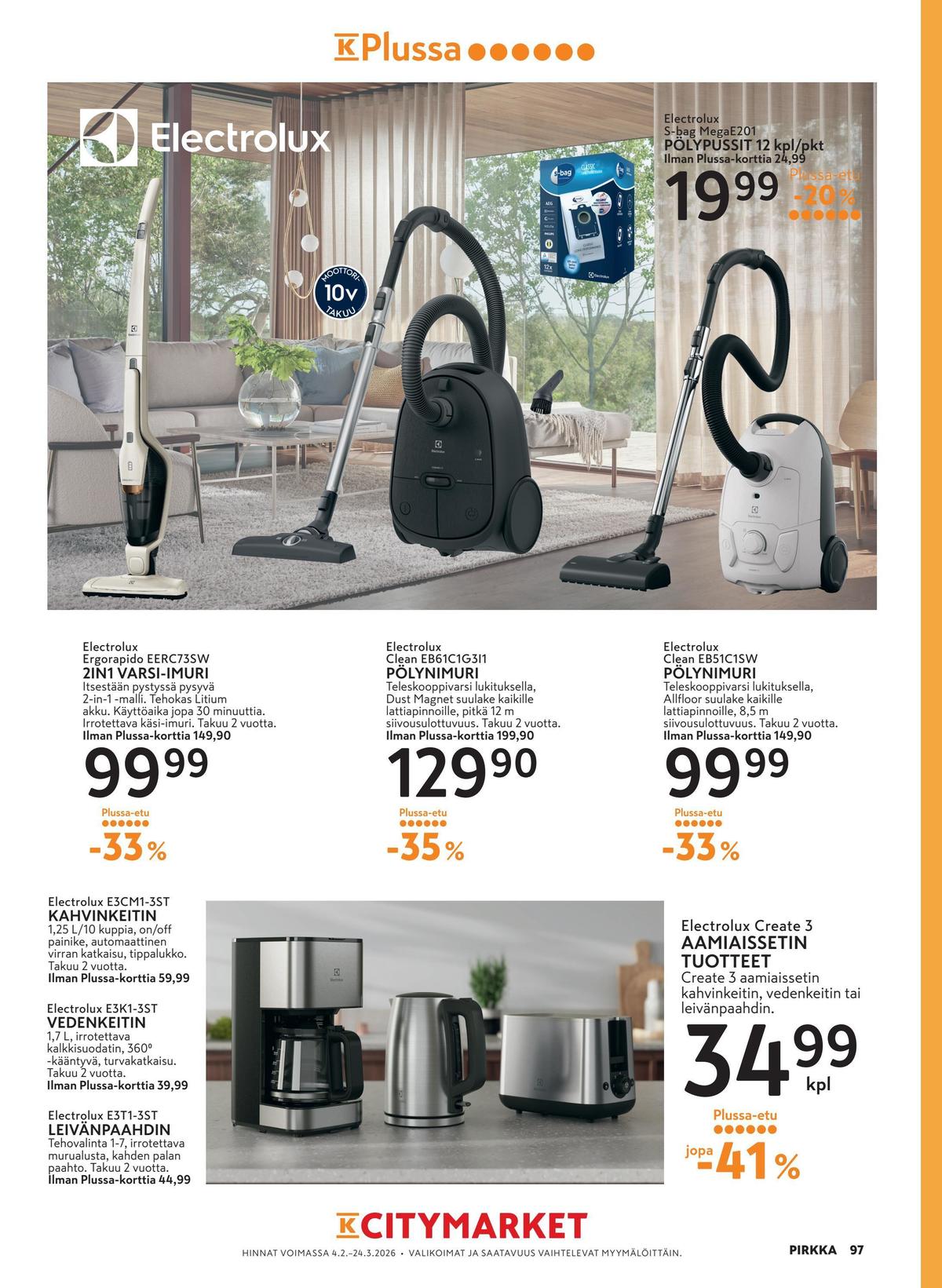 Katso ketjun K-Citymarket tarjouslehti viikolta 9 sivustolla Viikkotarjoukset.fi. Löydät monia hyviä tarjouksia erilaisista tuotteista, esimerkiksi kahvinkeittimet electrolux tai pölynimurit electrolux. Lue tarjouslehti täältä! Sivu 23