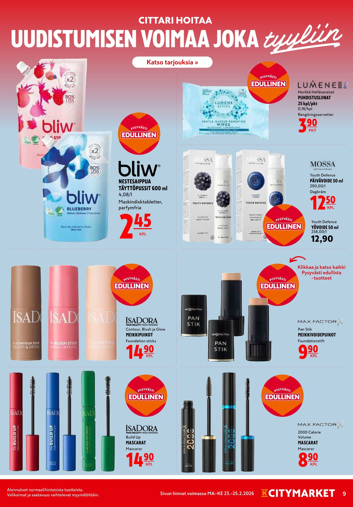 Katso ketjun K-Citymarket tarjouslehti viikolta 9 sivustolla Viikkotarjoukset.fi. Löydät monia hyviä tarjouksia erilaisista tuotteista. Lue tarjouslehti täältä! Sivu 9