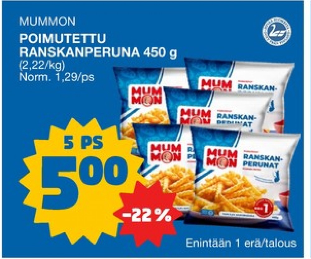 Tarjoukset ja hintavertailu haulla Mummon, , Aidot poimutetut ranskanperunat 0.450 kg 5 Pussi €5.00