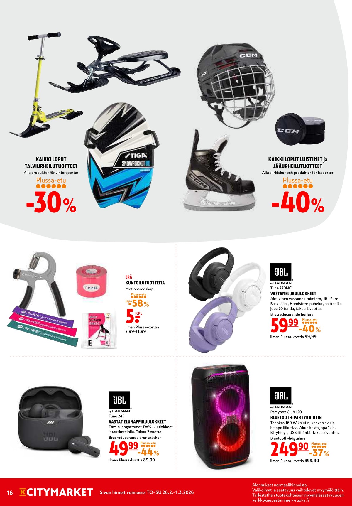 Katso ketjun K-Citymarket tarjouslehti viikolta 9 sivustolla Viikkotarjoukset.fi. Löydät monia hyviä tarjouksia erilaisista tuotteista, esimerkiksi nappikuulokkeet jbl tai bluetooth-kaiuttimet jbl. Lue tarjouslehti täältä! Sivu 16