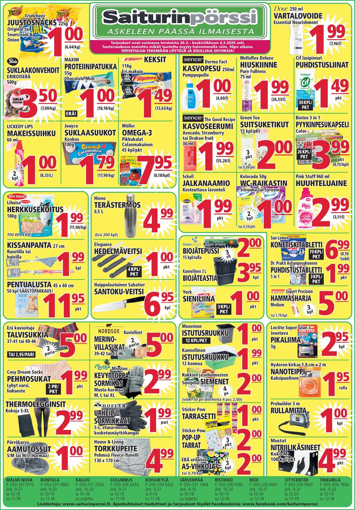 Katso ketjun Saiturin Pörssi tarjouslehti viikolta 9 sivustolla Viikkotarjoukset.fi. Löydät monia hyviä tarjouksia erilaisista tuotteista. Lue tarjouslehti täältä! Sivu 1