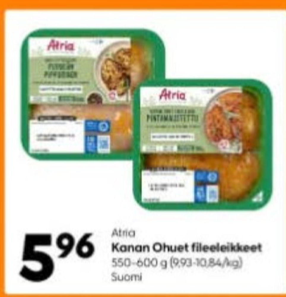 Tarjoukset ja hintavertailu haulla Atria, , Kanan fileeleikkeet 0.550 kg 1 Rasia €5.96
