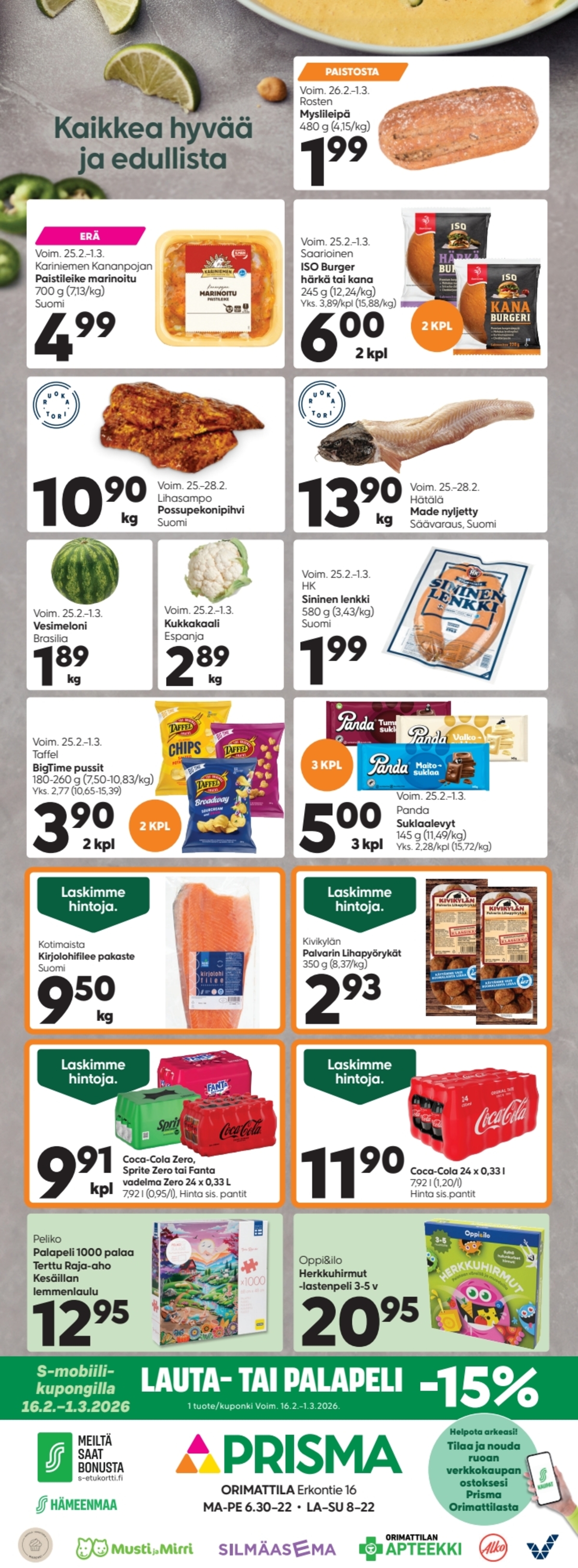 Katso ketjun Prisma region tarjouslehti viikolta 9 sivustolla Viikkotarjoukset.fi. Löydät monia hyviä tarjouksia erilaisista tuotteista. Lue tarjouslehti täältä! Sivu 1