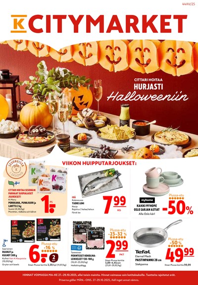 K-Citymarket tarjouslehti. Voimassa: 27/10/25 - 29/10/25