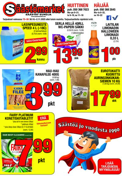 Säästömarket tarjouslehti. Voimassa: 30/10/25 - 02/11/25