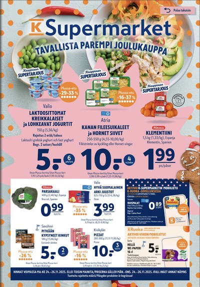 K-Supermarket tarjouslehti. Voimassa: 24/11/25 - 26/11/25