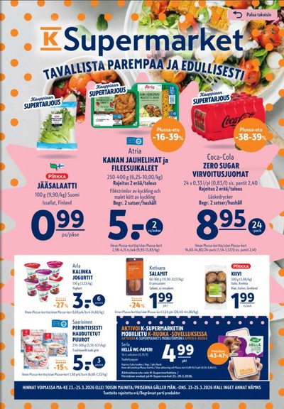 K-Supermarket tarjouslehti. Voimassa: 23/03/26 - 25/03/26