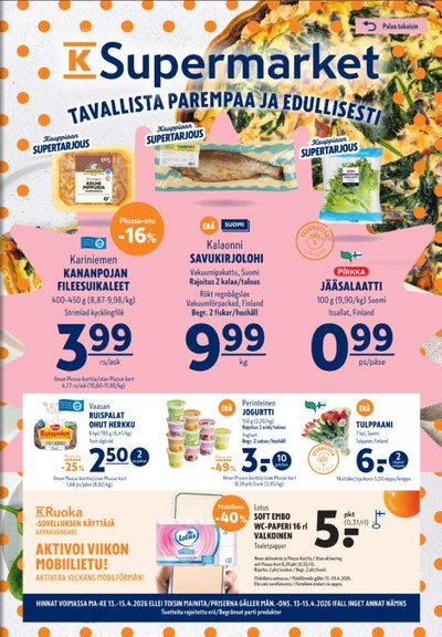 K-Supermarket tarjouslehti. Voimassa: 13/04/26 - 15/04/26