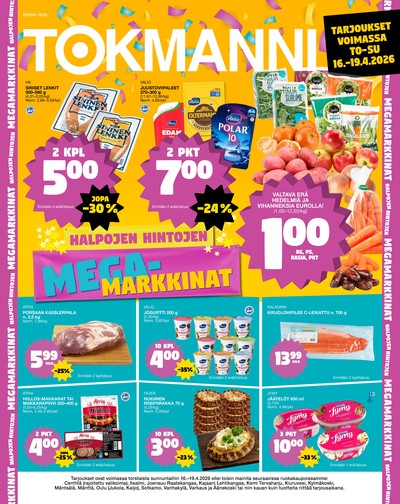 Tokmanni tarjouslehti. Voimassa: 16/04/26 - 19/04/26