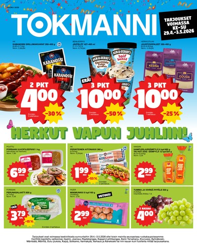 Tokmanni tarjouslehti. Voimassa: 29/04/26 - 03/05/26