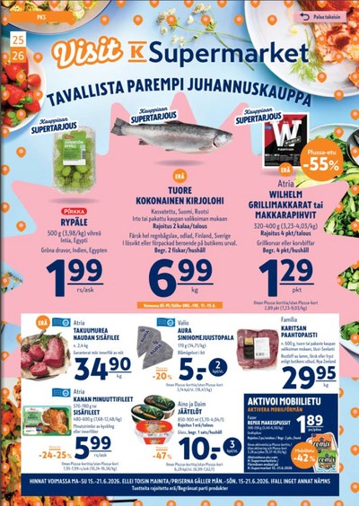 K-Supermarket tarjouslehti. Voimassa: 15/06/26 - 21/06/26